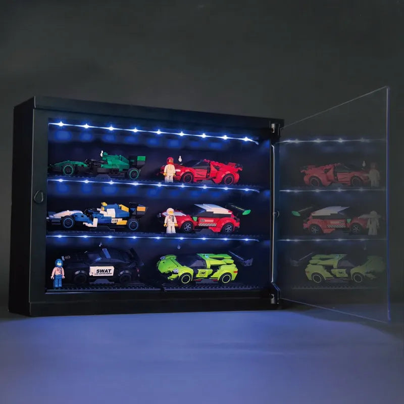 Build-It Car & Mini Figure Display Case with LED Light Cabinet