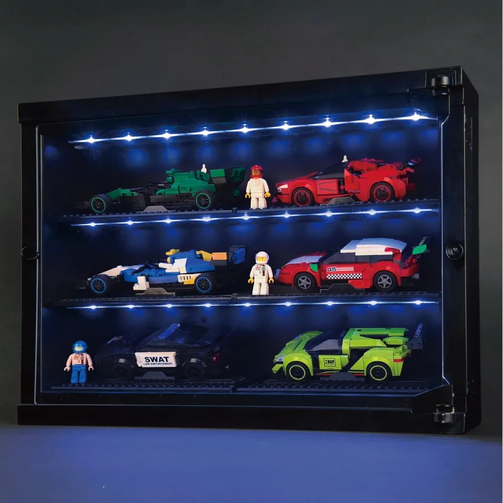 Build-It Car & Mini Figure Display Case with LED Light Cabinet