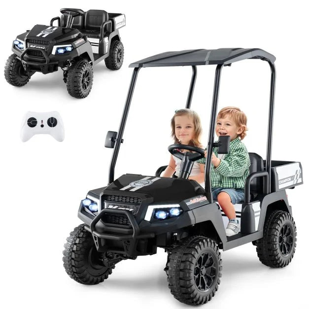 24V Kids 4WD Golf Cart, 2-Seater Ride-On Car with Dump Bed, Lights & Music