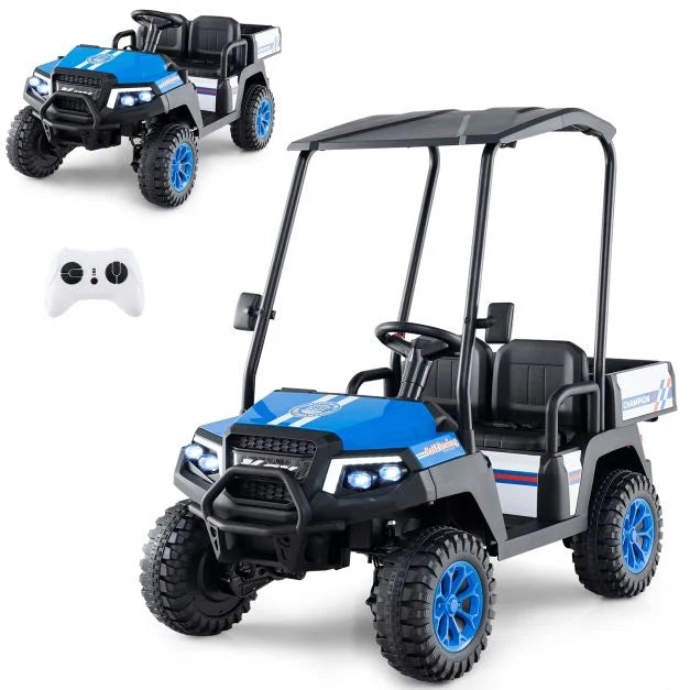 24V Kids 4WD Golf Cart, 2-Seater Ride-On Car with Dump Bed, Lights & Music