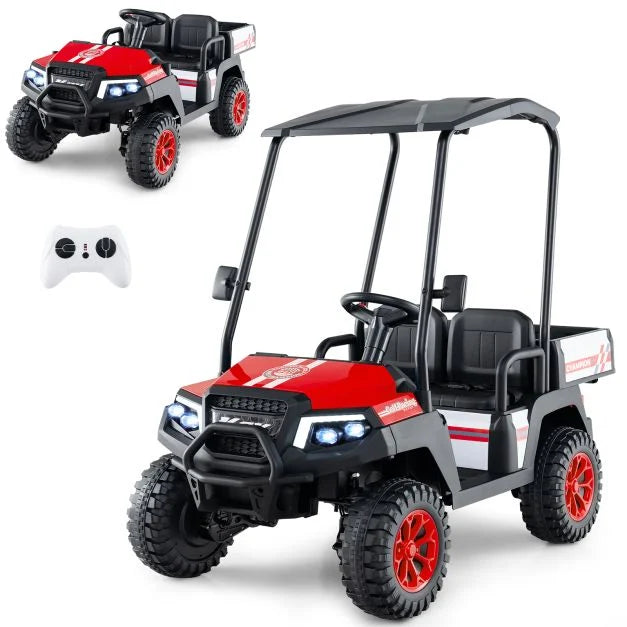 24V Kids 4WD Golf Cart, 2-Seater Ride-On Car with Dump Bed, Lights & Music
