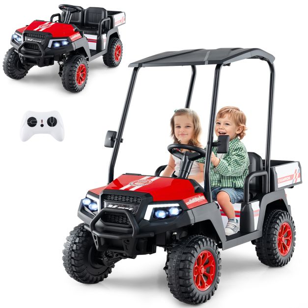 24V Kids 4WD Golf Cart, 2-Seater Ride-On Car with Dump Bed, Lights & Music