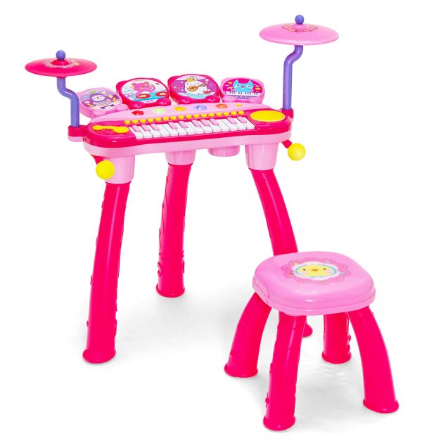 Kids 24-Key Piano Keyboard Drum Set with Microphone and Stool