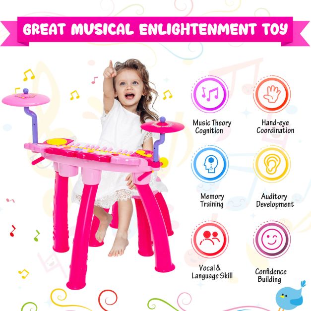 Kids 24-Key Piano Keyboard Drum Set with Microphone and Stool