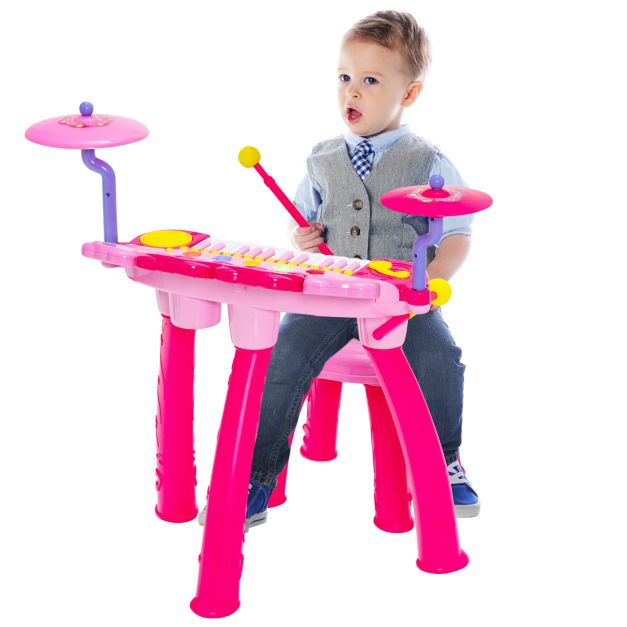 Kids 24-Key Piano Keyboard Drum Set with Microphone and Stool