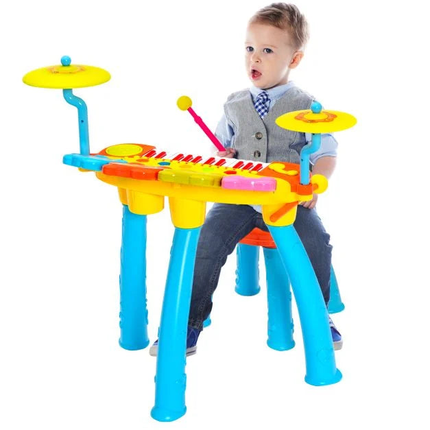 Kids 24-Key Piano Keyboard Drum Set with Microphone and Stool