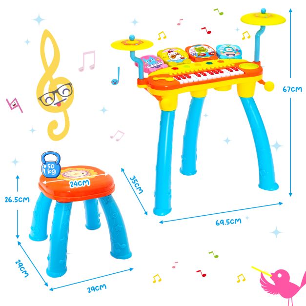 Kids 24-Key Piano Keyboard Drum Set with Microphone and Stool