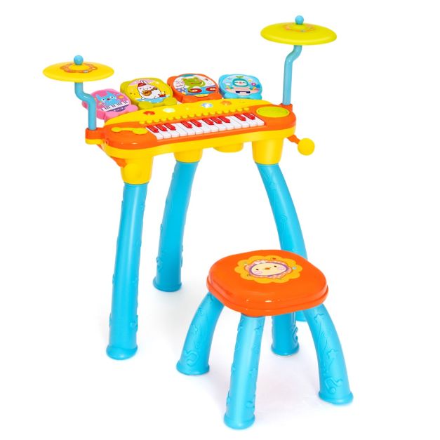 Kids 24-Key Piano Keyboard Drum Set with Microphone and Stool