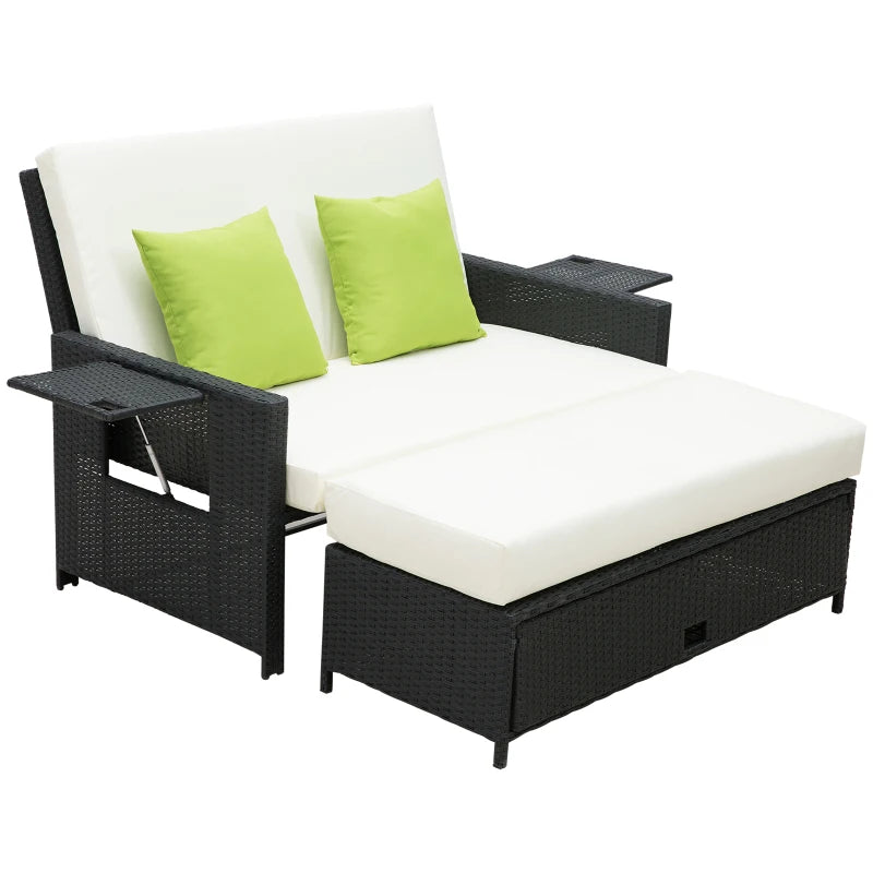 2-Seater Rattan Sun Lounger Sofa Bed with Cushions Black Outdoor Patio Furniture