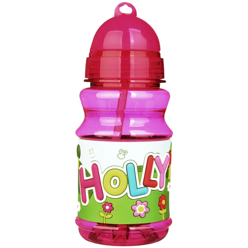 Personalised Girls Boys Name Water Bottle Flask Flip Top Pop Out Straw Kids Lunch Cup