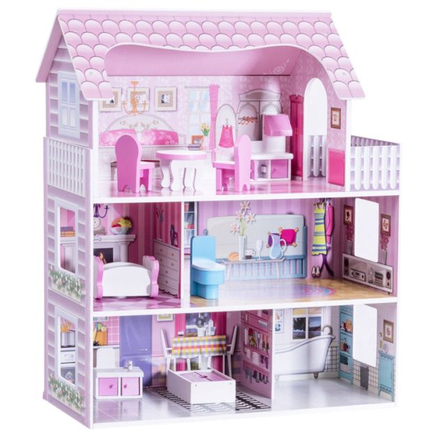 Wooden Dollhouse Toy Set with Furniture Pieces and Pretend Play Accessories