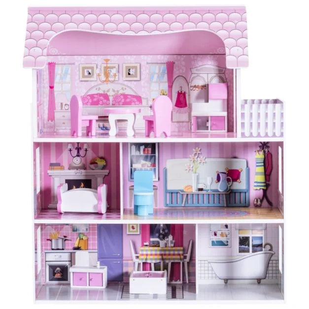 Wooden Dollhouse Toy Set with Furniture Pieces and Pretend Play Accessories