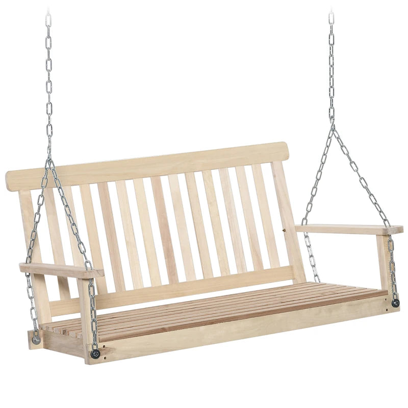 Outdoor Wooden Swing Bench 2-Seater Hanging Porch Chair for Garden, Natural Finish