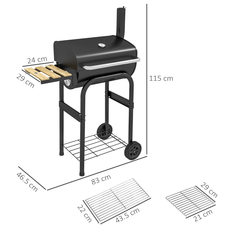Charcoal BBQ Grill with Thermometer, Shelves & Wheels for Outdoor Cooking
