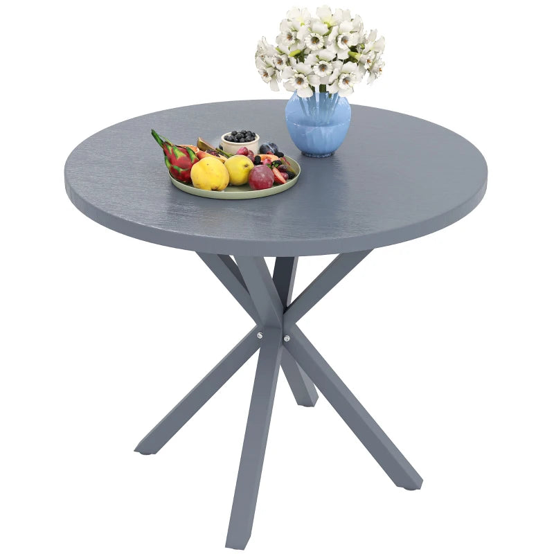 Balcony or Deck Outdoor Dining Table, Round Wood Effect Top, Steel Frame, 85cm, Dark Grey