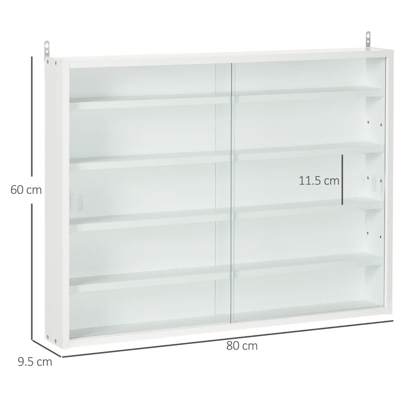 5-Tier Wall Display Shelf Unit, Glass Doors, Adjustable Shelves - White