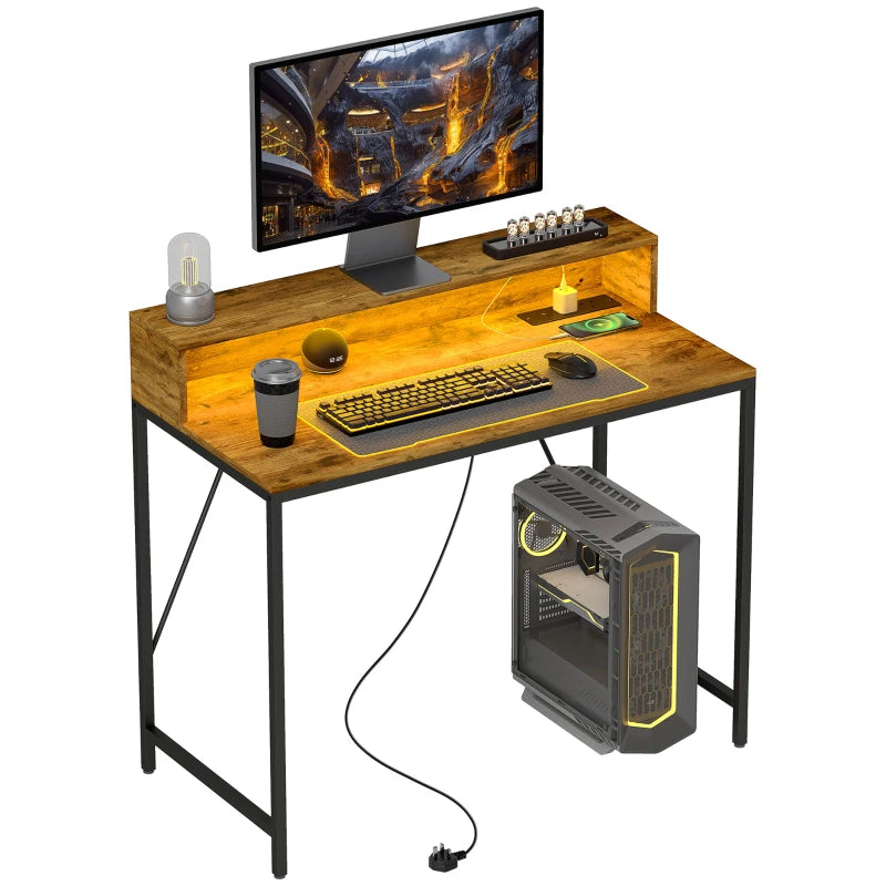 Computer Desk with Monitor Stand – LED Lights & Remote, Rustic Brown