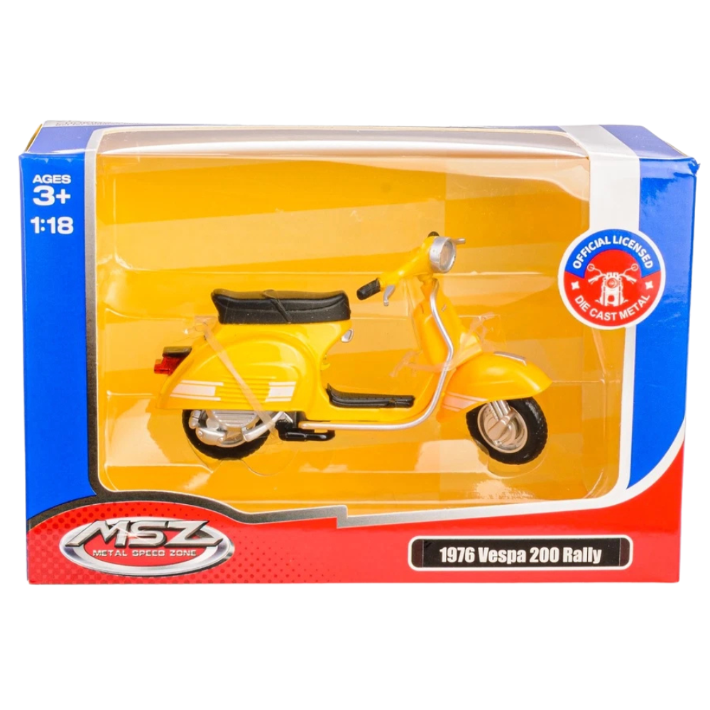 MSZ 1976 Vespa 200 Rally Italian Yellow Scooter Diecast Motorcycle Model 1:18 Scale Toy