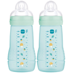 MAM Easy Active Baby Bottles 270ml Twin Pack, SkinSoft Medium Flow Teat, Blue or Pink