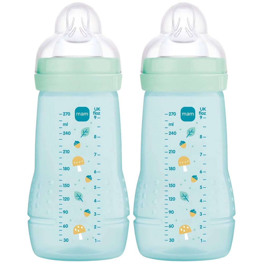 MAM Easy Active Baby Bottles 270ml Twin Pack, SkinSoft Medium Flow Teat, Blue or Pink
