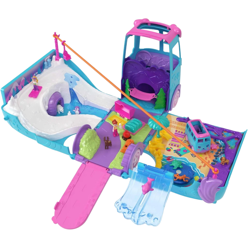 Polly Pocket Pet Mobile Adventure Playset with 2 Dolls 21 Accessories Kids Toy