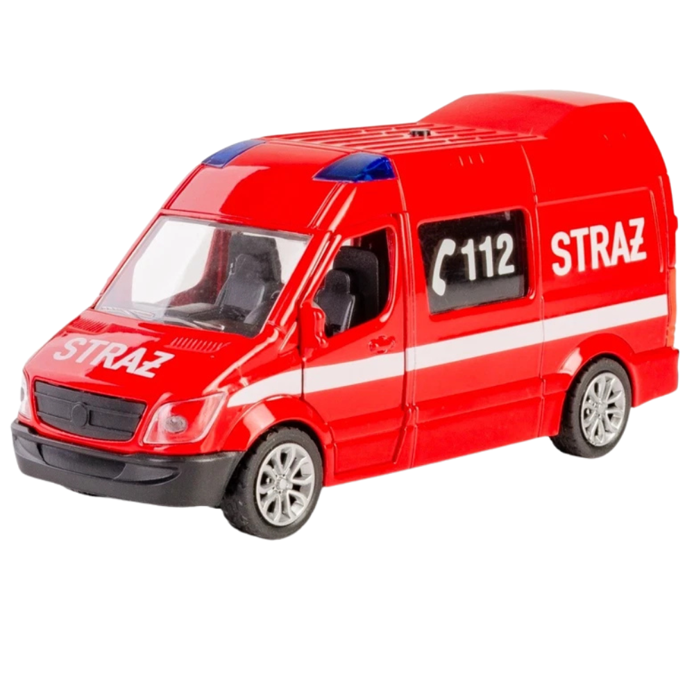 Daffi Mercedes-Benz Polish Fire Brigade Diecast Toy Car Pull Back Lights Sound 1:39–1:43