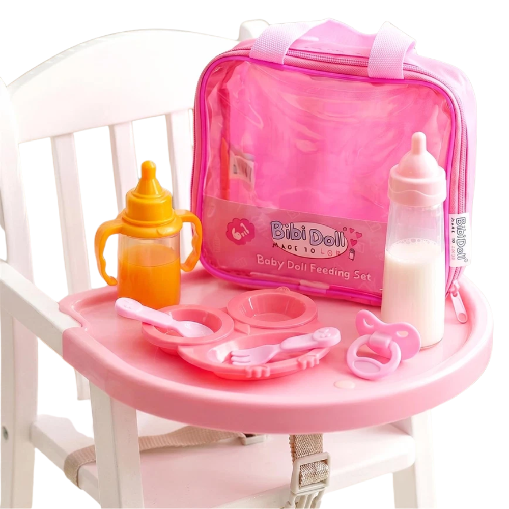 6 Pcs Baby Doll Feeding Set with Magic Milk Bottle Pink Carry Bag & Doll Accessories