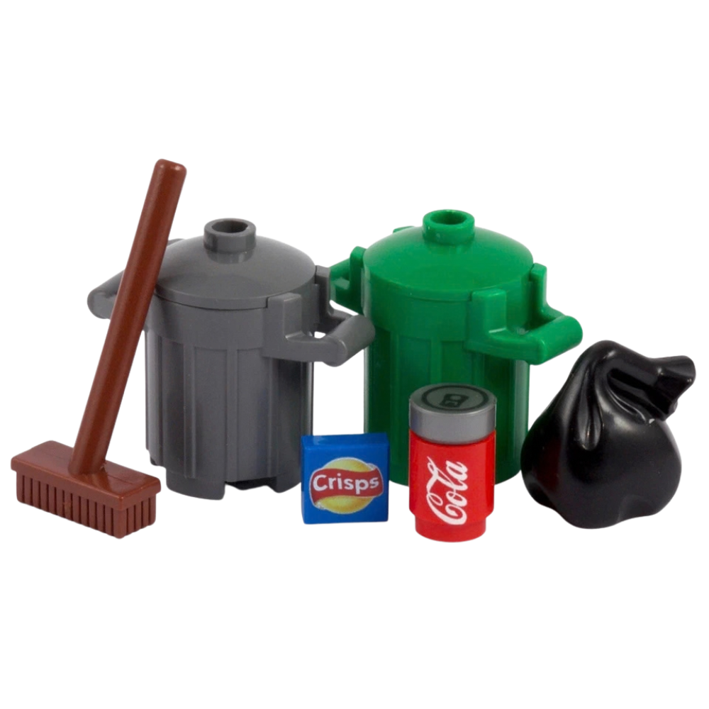 Lego Bins Trash Cans with Rubbish Bag Crisp Packet & Coke Can City Street Accessory Set