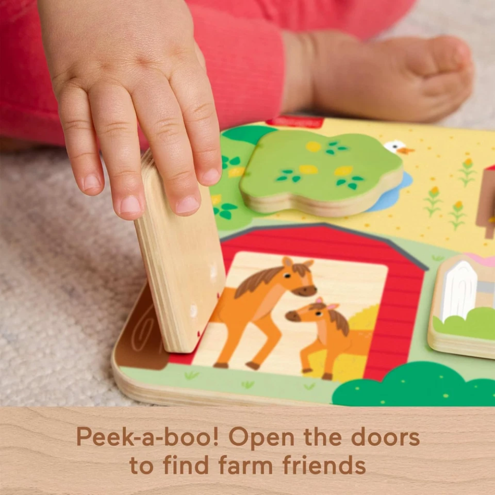Fisher-Price Wooden Farm Animals Busy Board Peekaboo Activity Toy for Babies Ages 1+ Years