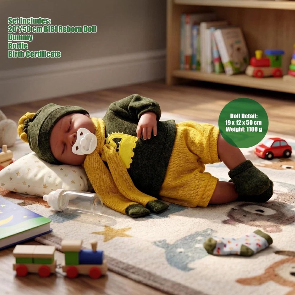 Black Baby Doll Ethnic Reborn Boy Sleeping 20-Inch Toy with Dummy & Bottle Bibi Doll
