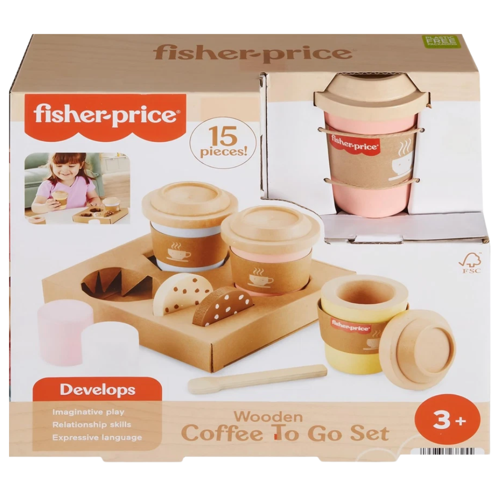 Fisher-Price Wooden Coffee To Go Set Pretend Cafe Play Toy 15 Piece Kids Gift 3+ Years