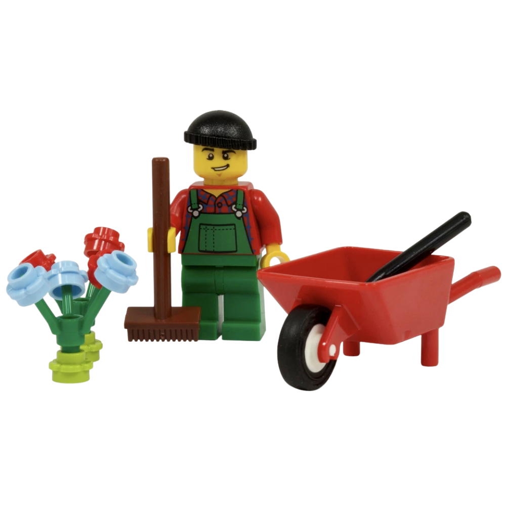 LEGO Gardener Minifigure with Wheelbarrow, Spade, Broom and Flowers Garden Set