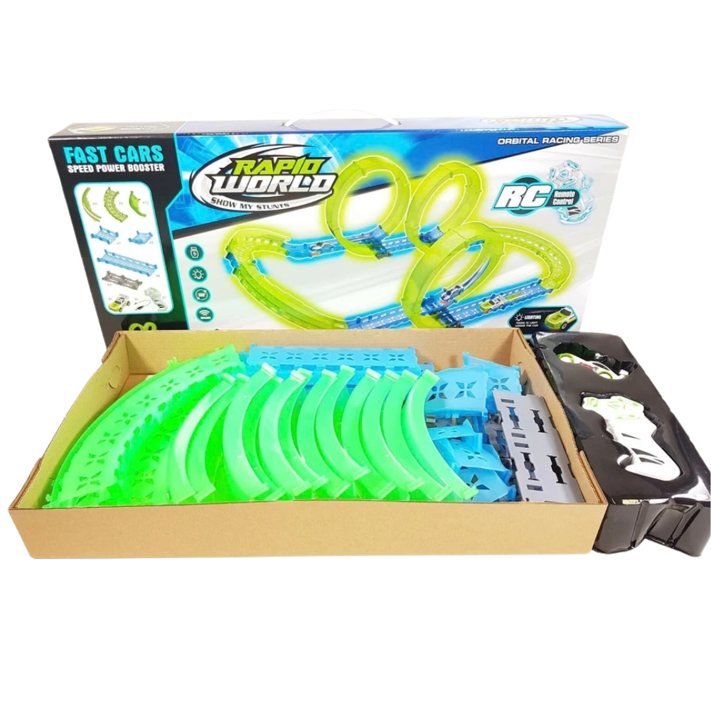 Glow in the Dark Slot Car Race Track Set 38pcs 3 Loops RC Car Stunt Racing Kids 6+