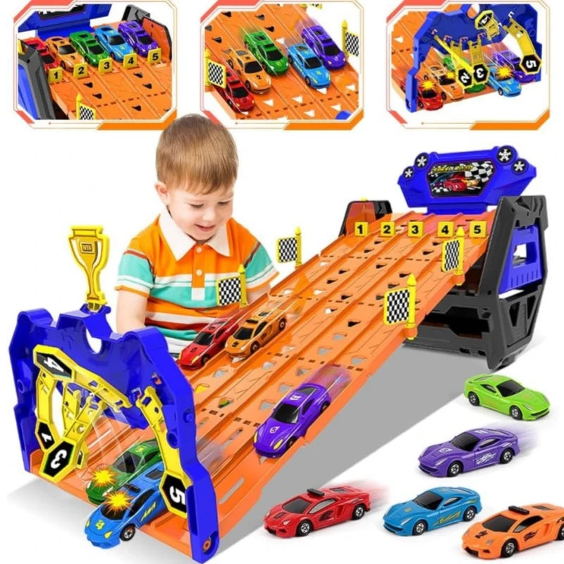 VATOS 5-Track Race Truck Toy Set with 5 Cars Portable Carrier for Kids Boys & Girls