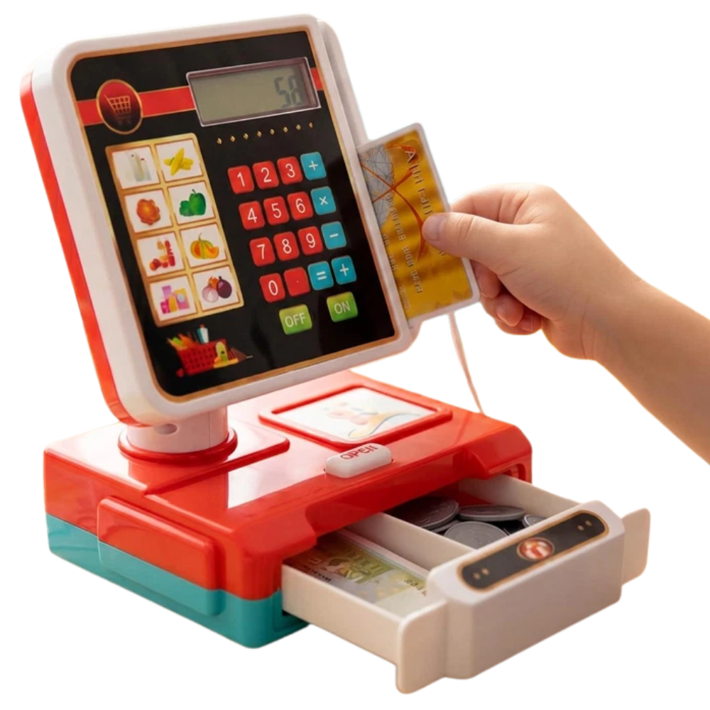 Kids Electronic Cash Register Toy with Lights & Sounds Supermarket Till & Money Set Red