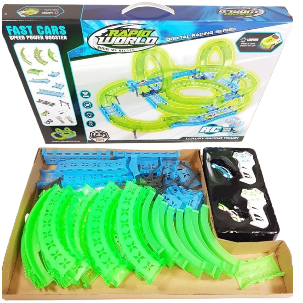 Glow in the Dark Racing Track Set 65 Piece Rc 2 Player Slot Cars Loops Stunts Kids Gift 6+