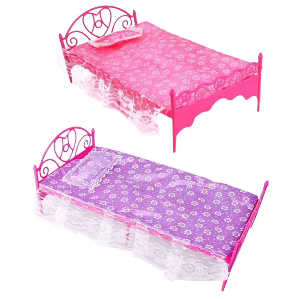 2x Plastic Fashion Doll Beds & Dressing Table with Chair Furniture Set