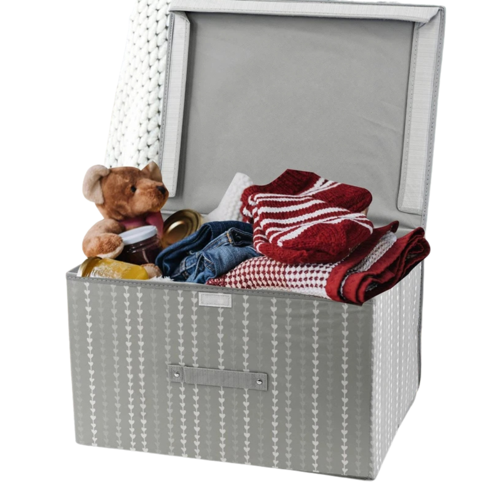 Large Collapsible Storage Box with Lid Folding Jumbo Chest Grey Heart Design