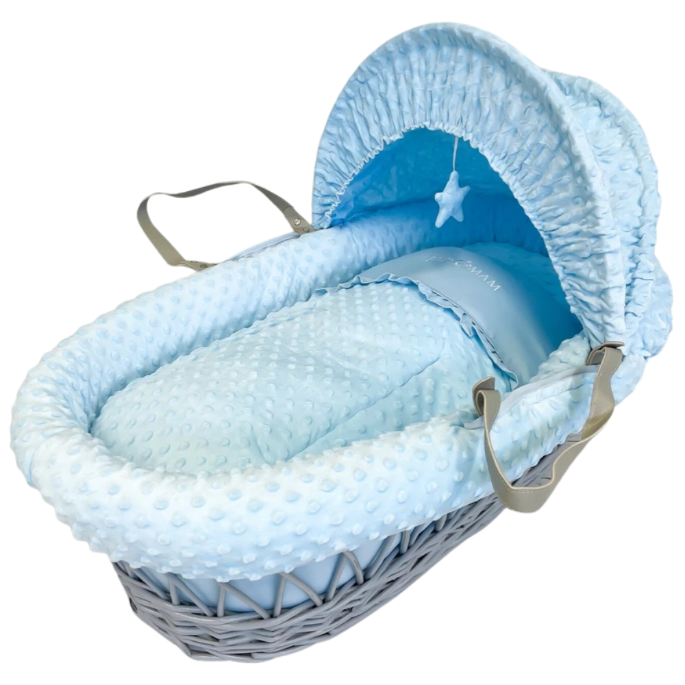 Luxury Wicker Moses Basket Baby Full Set Padded Liner Mattress & Hood Dimple Bedding Grey & Blue