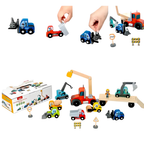RLS 14-Piece Wooden Construction Vehicle Toy Set with Transport Truck, Digger and Road Signs
