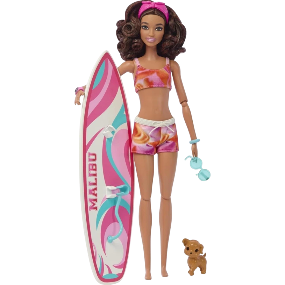 Barbie Beach Doll Brunette Posable Figure with Surfboard Puppy Accessories Toy 3+