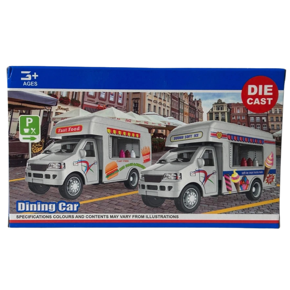 Diecast Dining Car Food Truck Toy with Hot Dogs & Burger Pull-Back Action Model 1:38–1:43