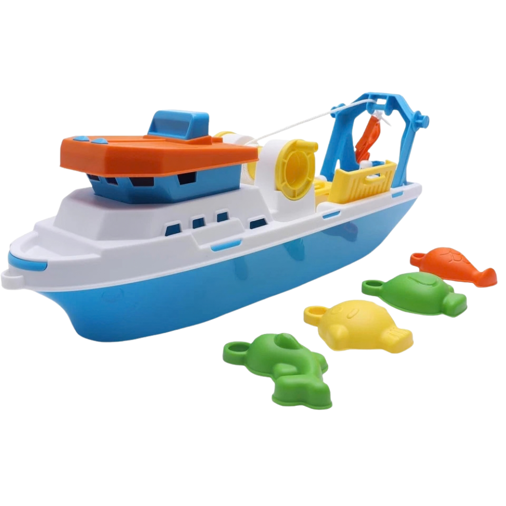 Toyland 40cm Colourful Fishing Boat Bath Water Toy with 4 Fish, Hook & Moving Doors Wheels