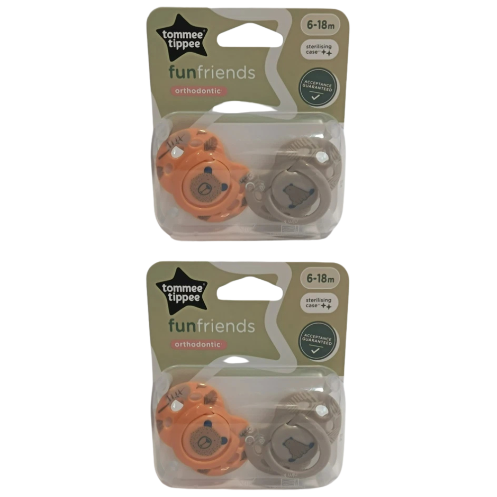 Tommee Tippee Fun Friends Baby Soothers 4 Pack 6-18 Months with Reusable Steriliser Pod