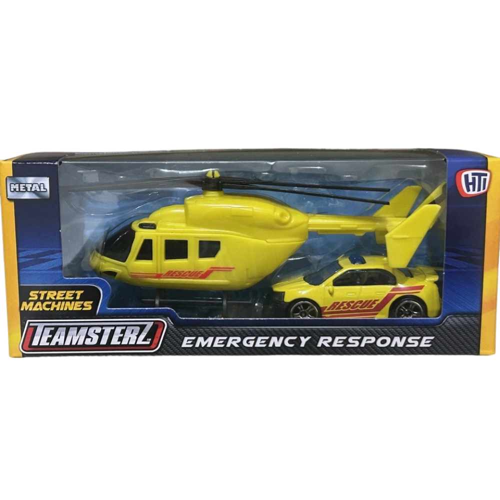 Teamsterz Rescue Fire Police Helicopter and Car Playset Diecast Toy 1:64–1:87