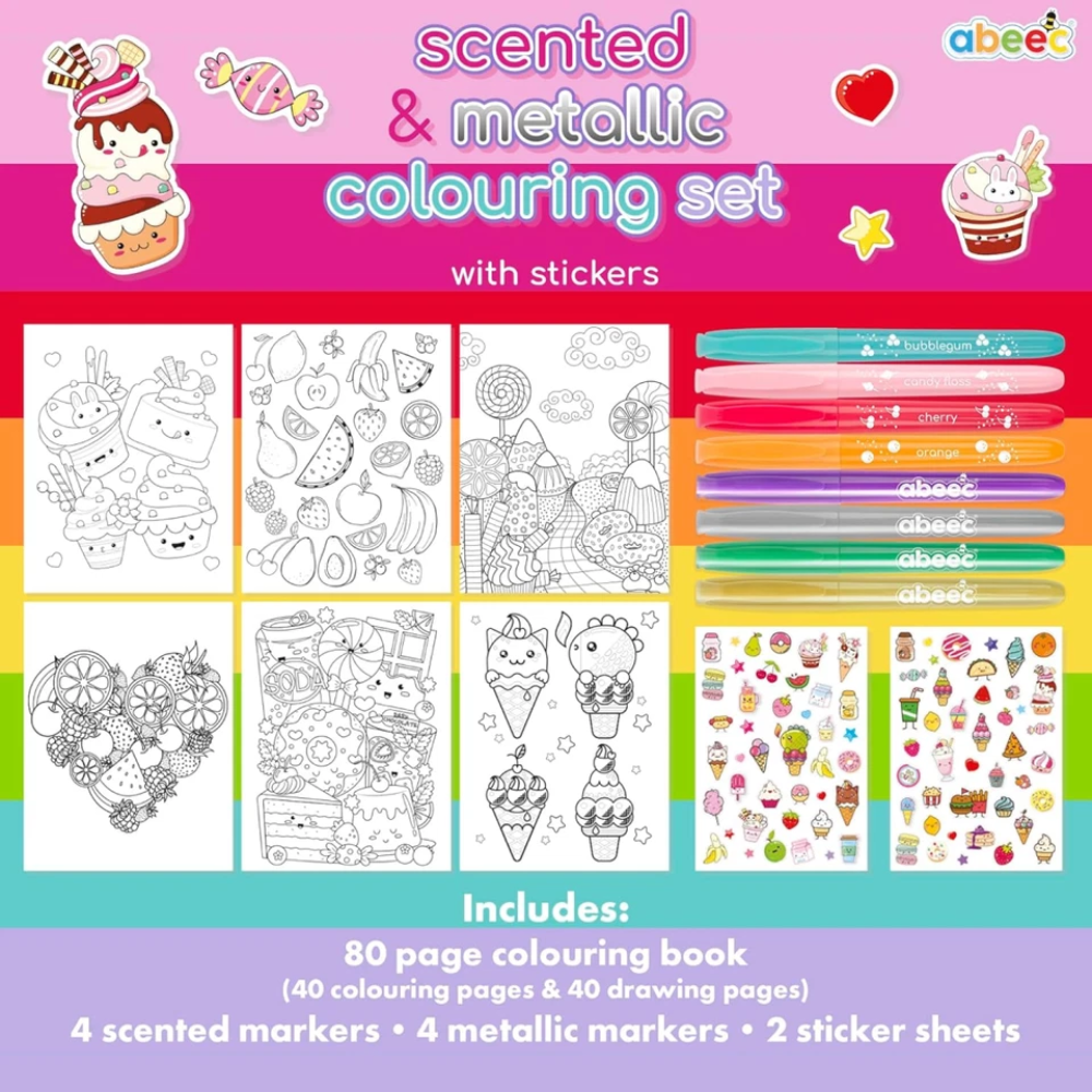 Abeec Sweet Treats Scented Metallic Colouring Set 8 Markers Stickers Art Kit 3+ Kids