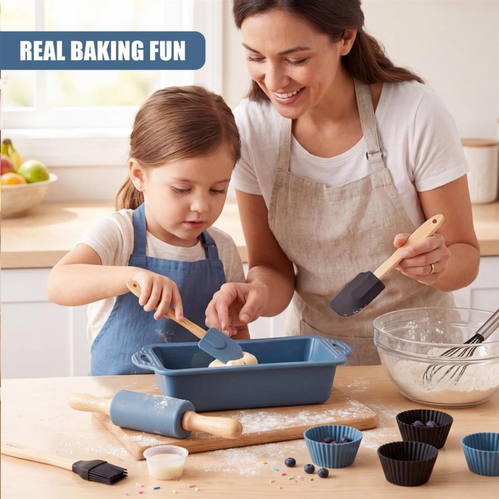 12 Piece Kids Baking Set Children's Cooking Kit with Silicone Moulds & Mini Rolling Pin