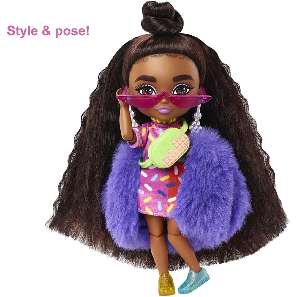 Barbie Extra Minis Doll 5.5in Sprinkle Dress Furry Purple Coat Accessories Fashion Toy 3+