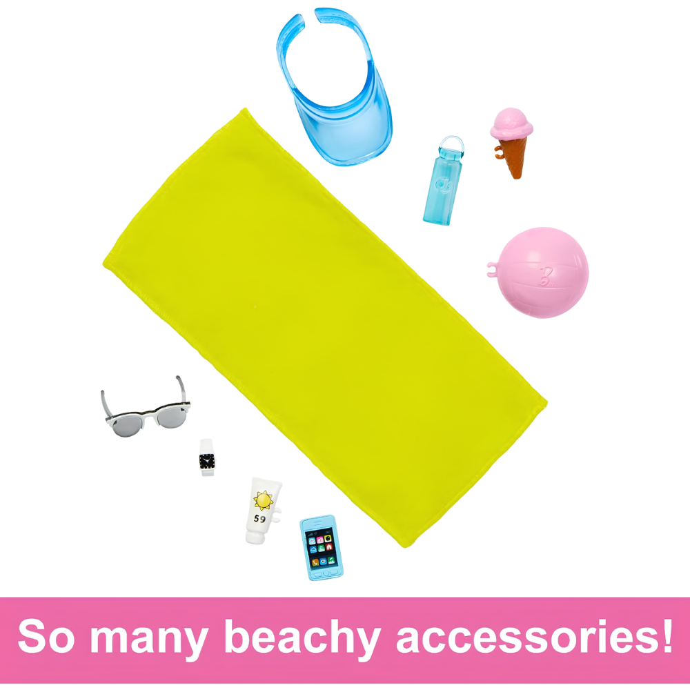Barbie Ken Beach Doll Blonde Hair Blue Shirt Swim Trunks Accessories Towel Toy 3+