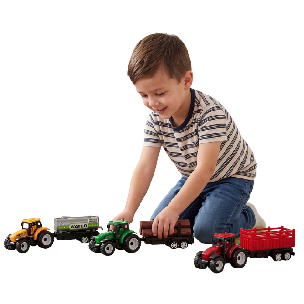 3 Piece Farm Tractor Toy Set with Trailer Kids Plastic Farm Vehicle Playset